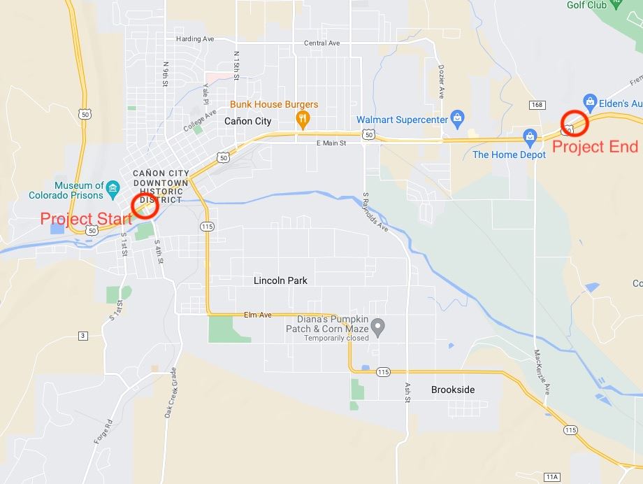 CDOT Hwy 50 Map that outlines the project start and end areas