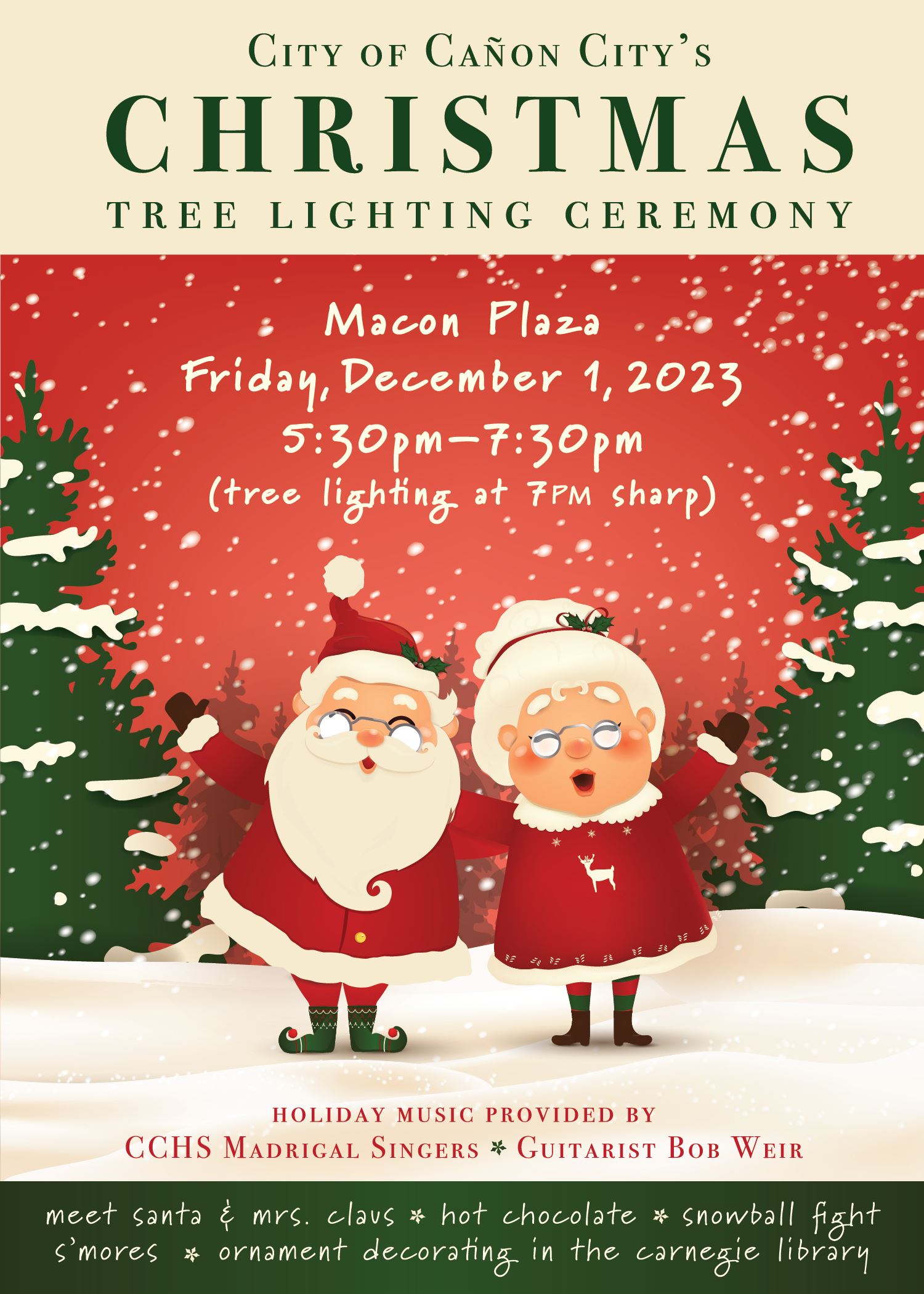 Illustration of Santa Claus and Mrs. Claus singing in an outside snowy area with snow covered trees