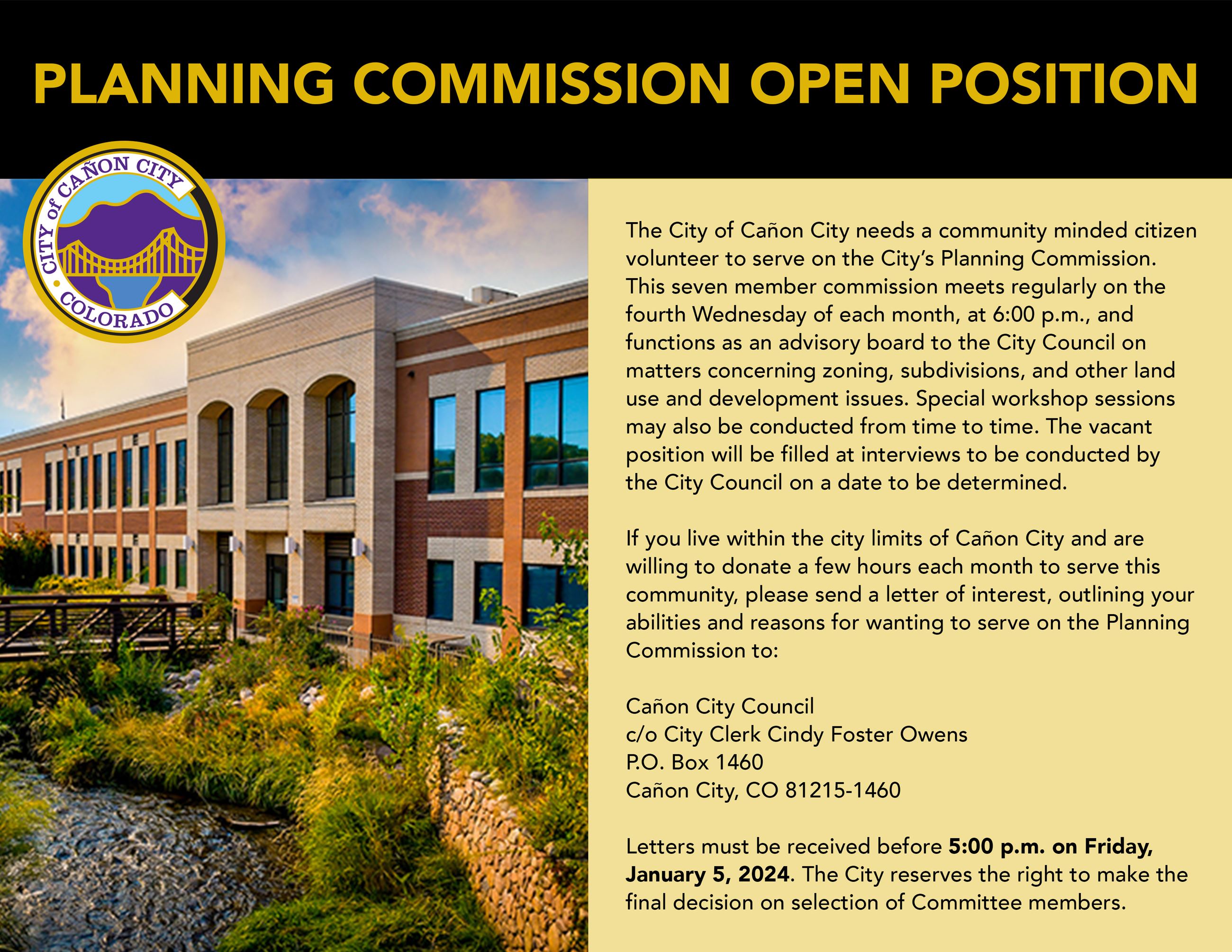 Creek and bridge in front of City Hall building