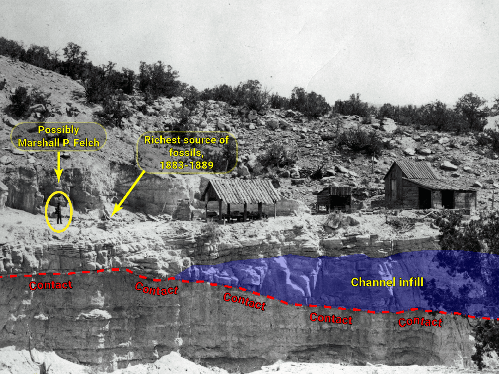 Black and white photo of the Felch Quarry of Garden Park.  Image has colored text and labels.