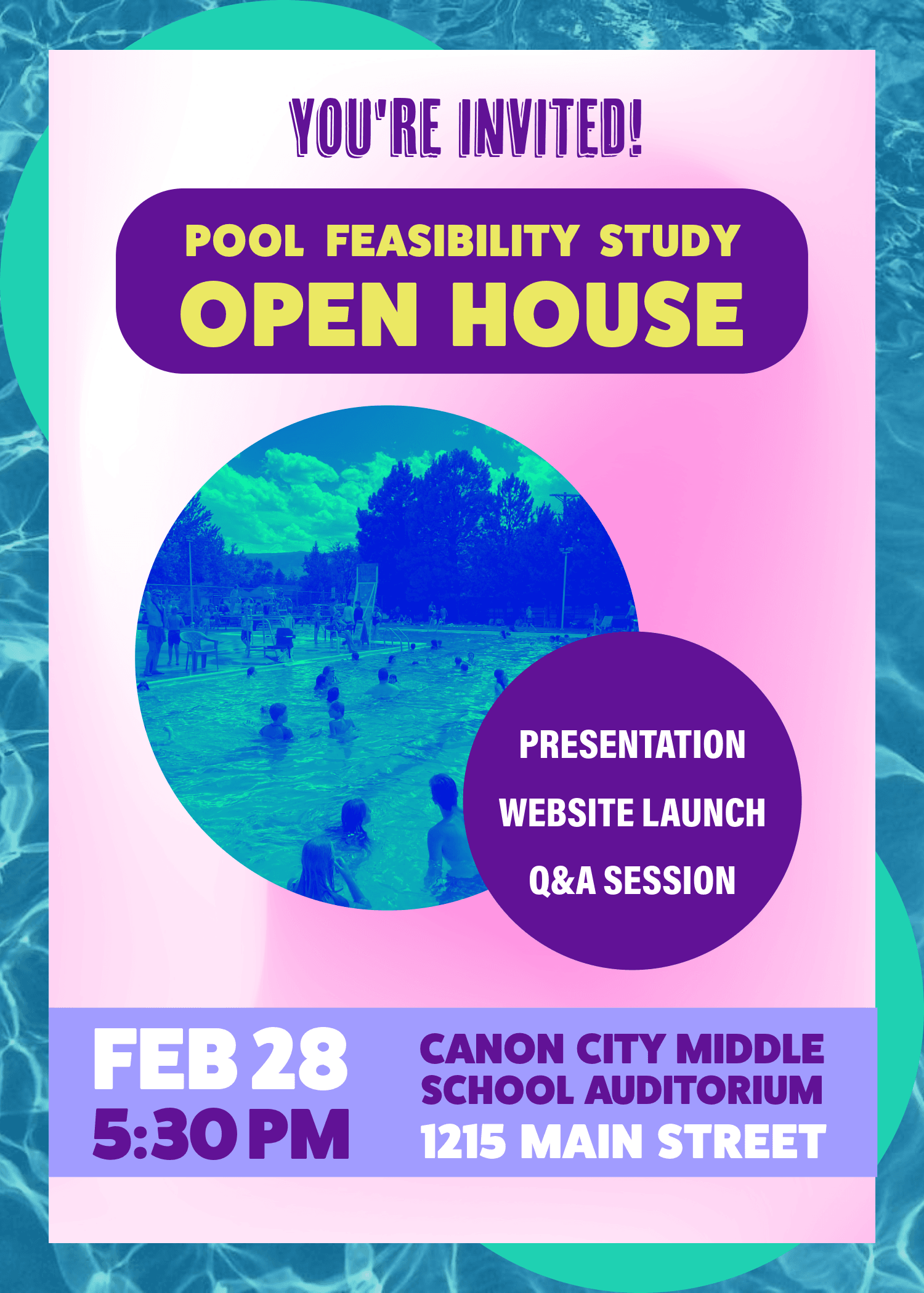Open house flyer with photo of children playing in the Icabone public pool.