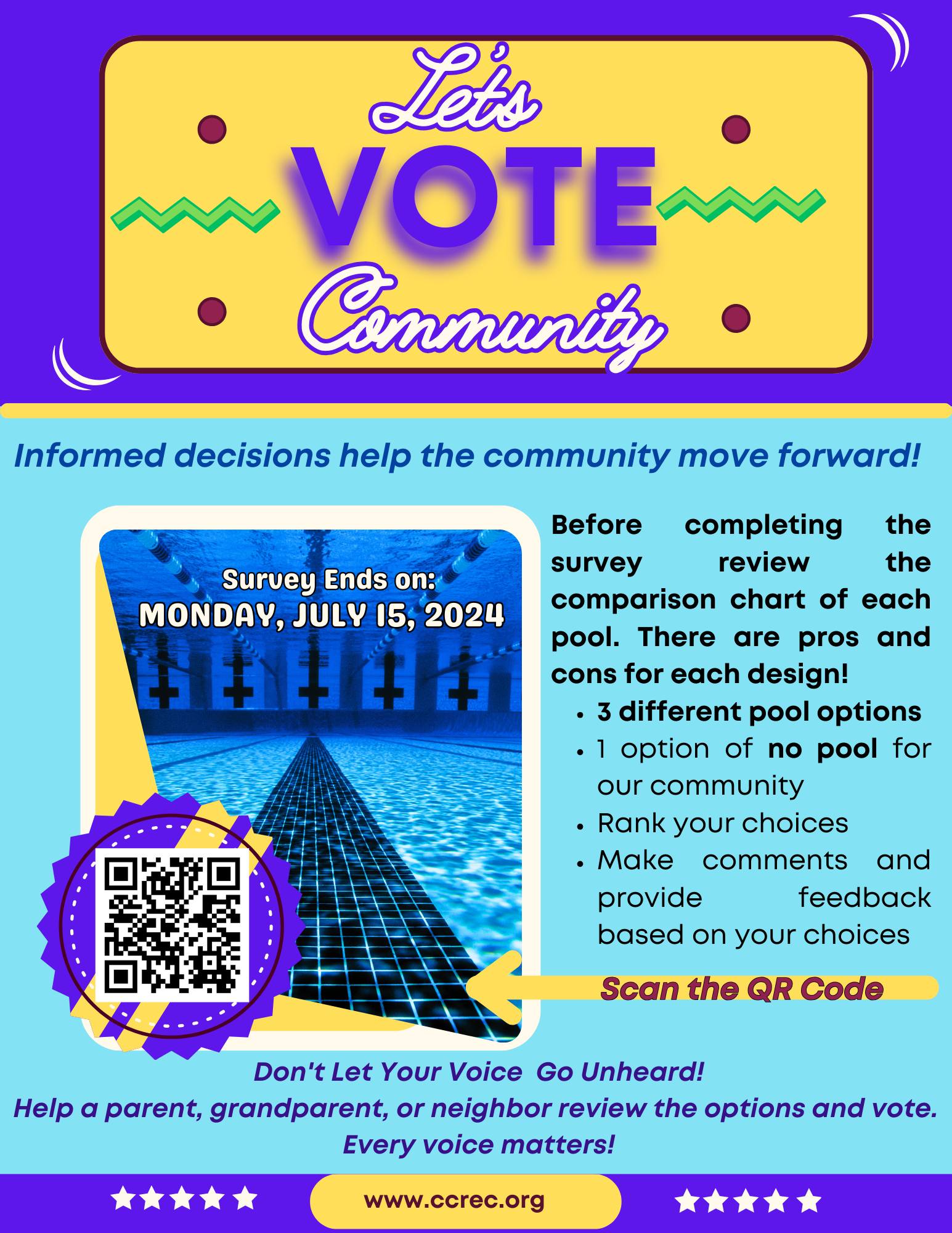 Let's Vote Community Pool Flyer with image of pool with swim lanes