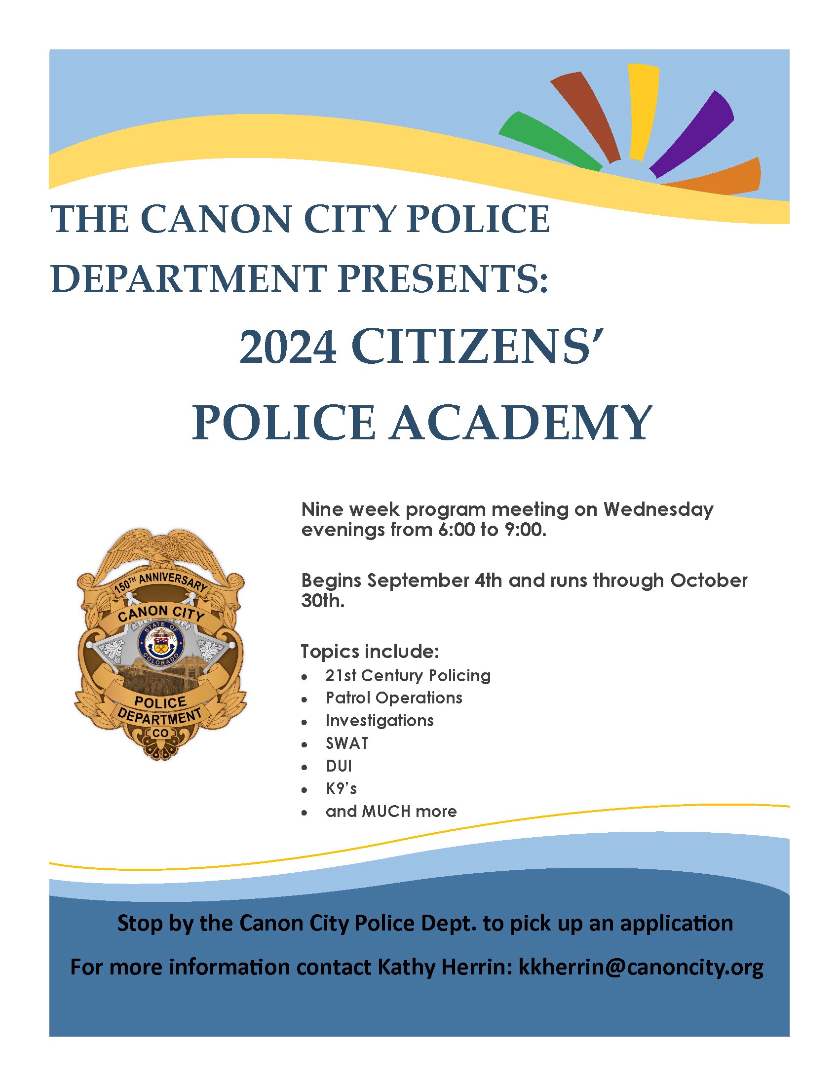Class Flier with image of police badge and informational text.