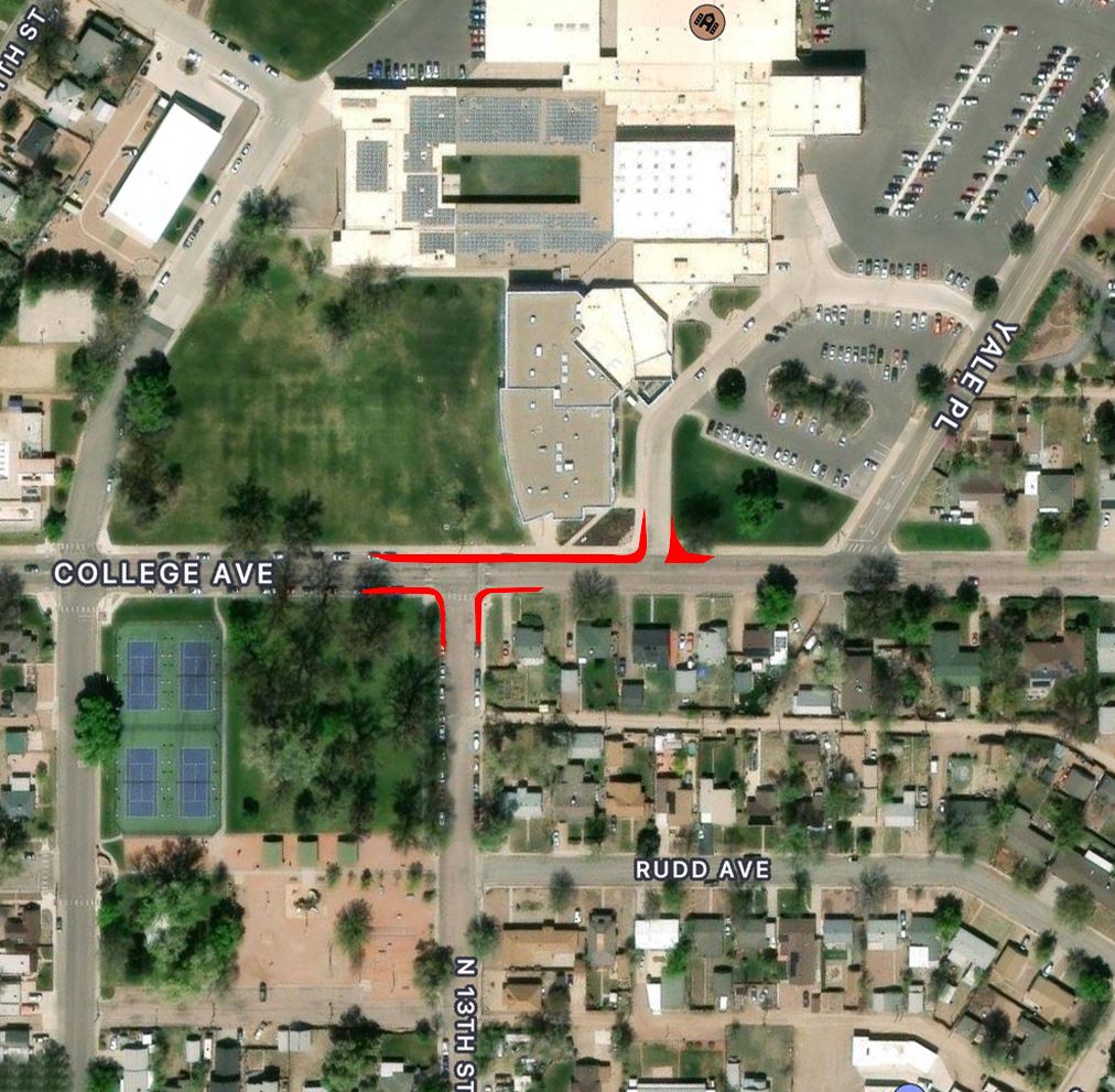 Map of work area with bumpouts marked in red