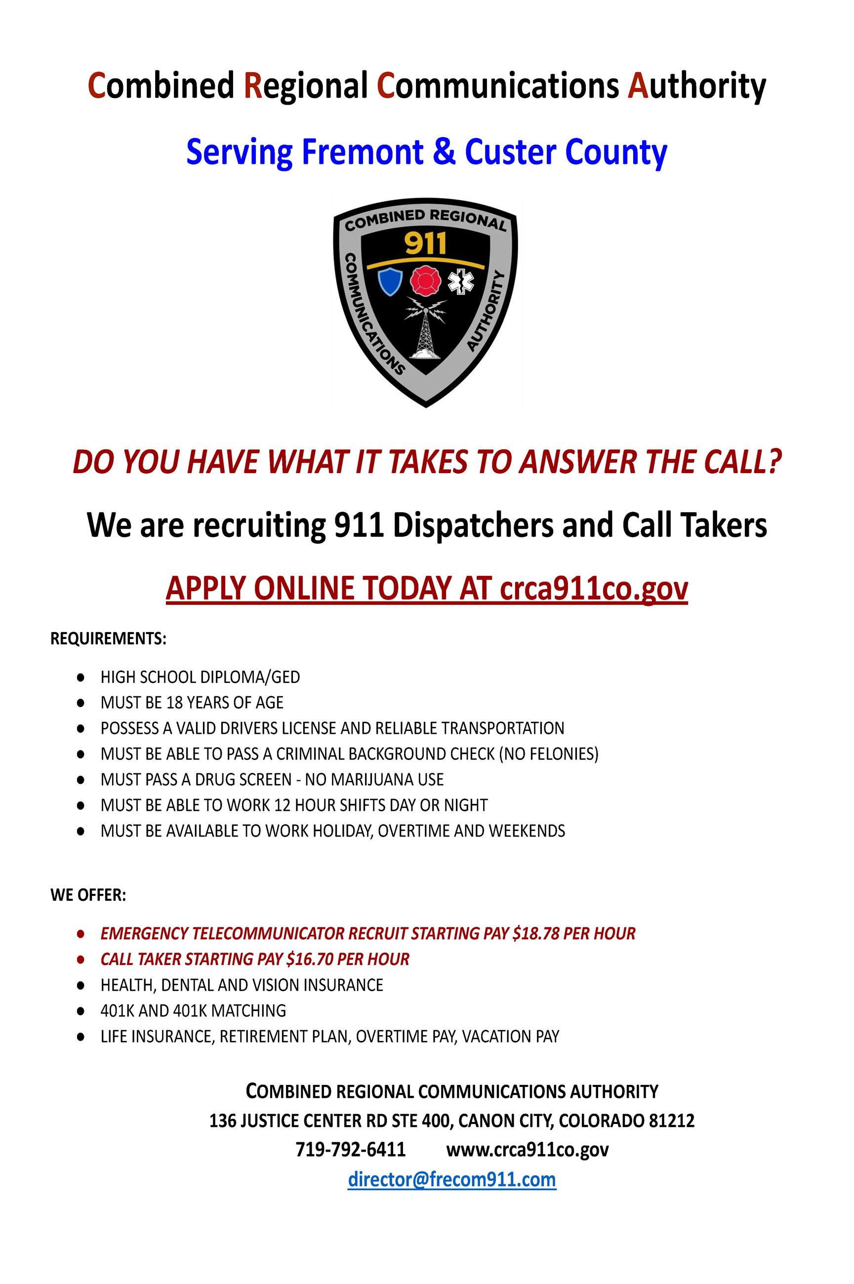 Recruiting Flyer for 911 Dispatchers and Call Takers