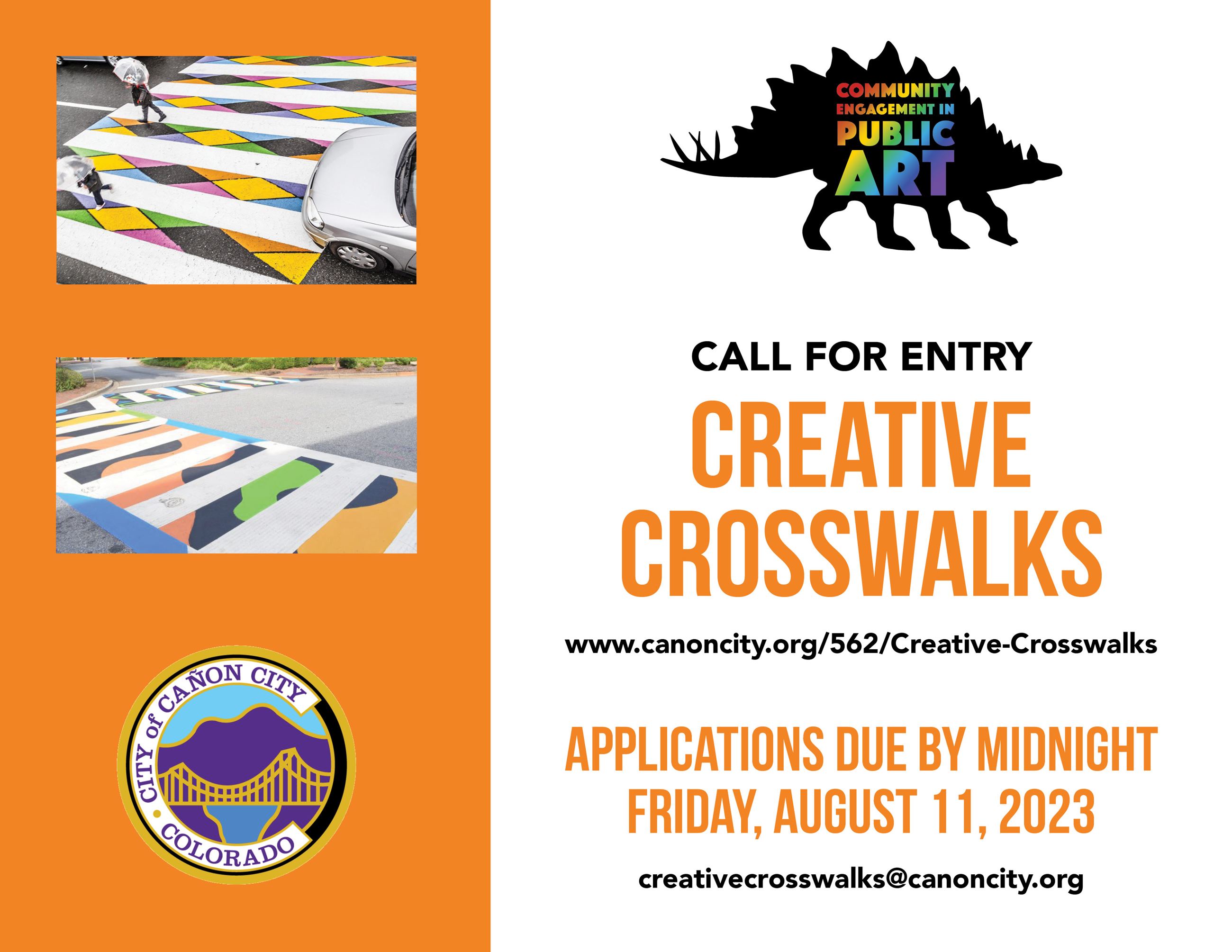 Two examples of colorful designed crosswalks with geometric shapes.