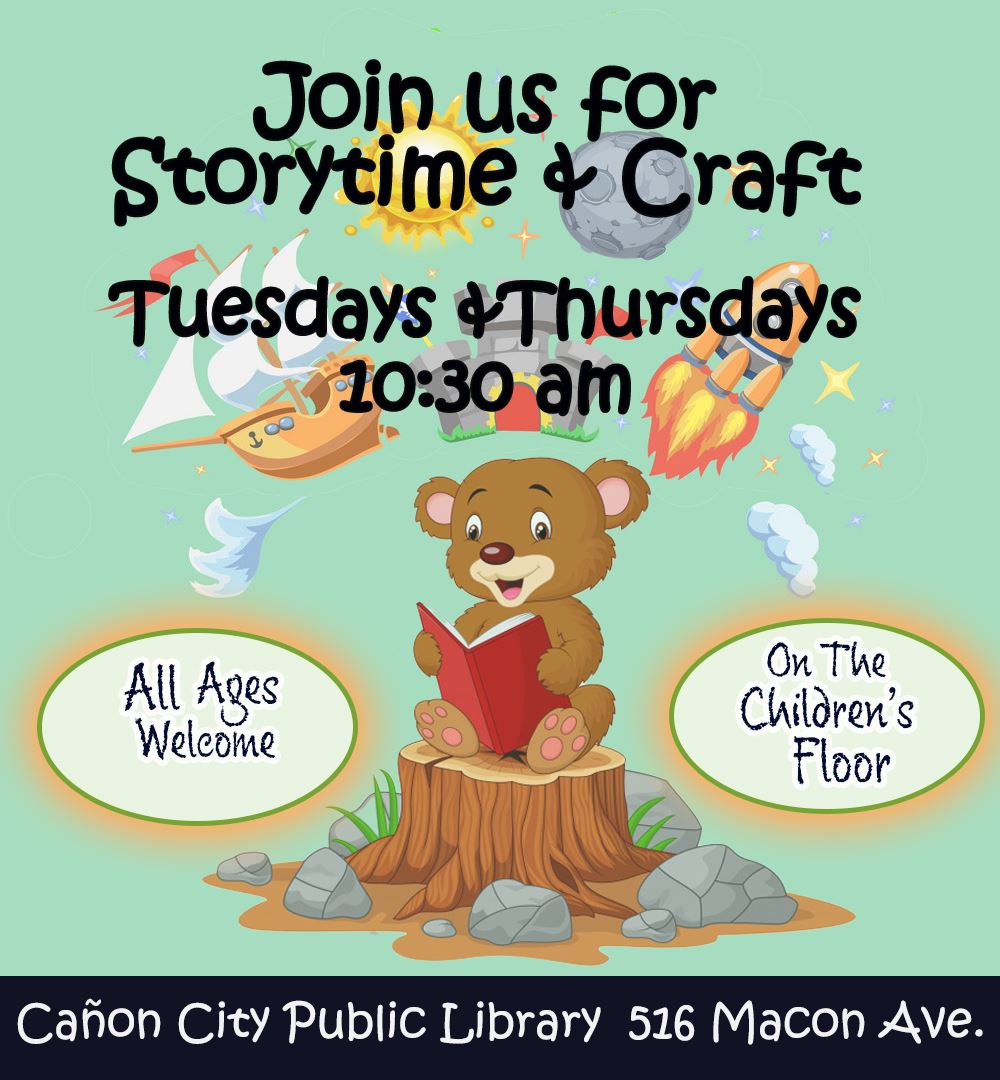Flyer with photo of bear juggling books and event information