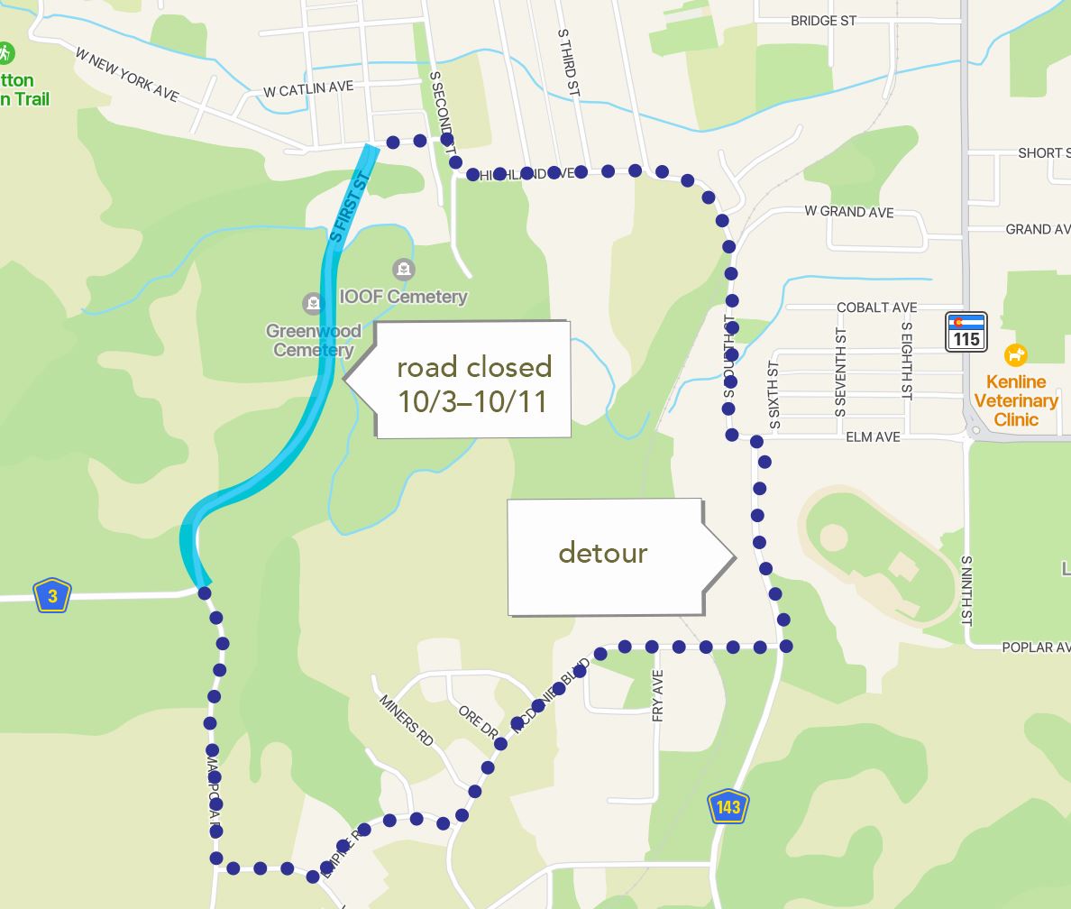 Map of S 1st St with street closure and detour route outlined