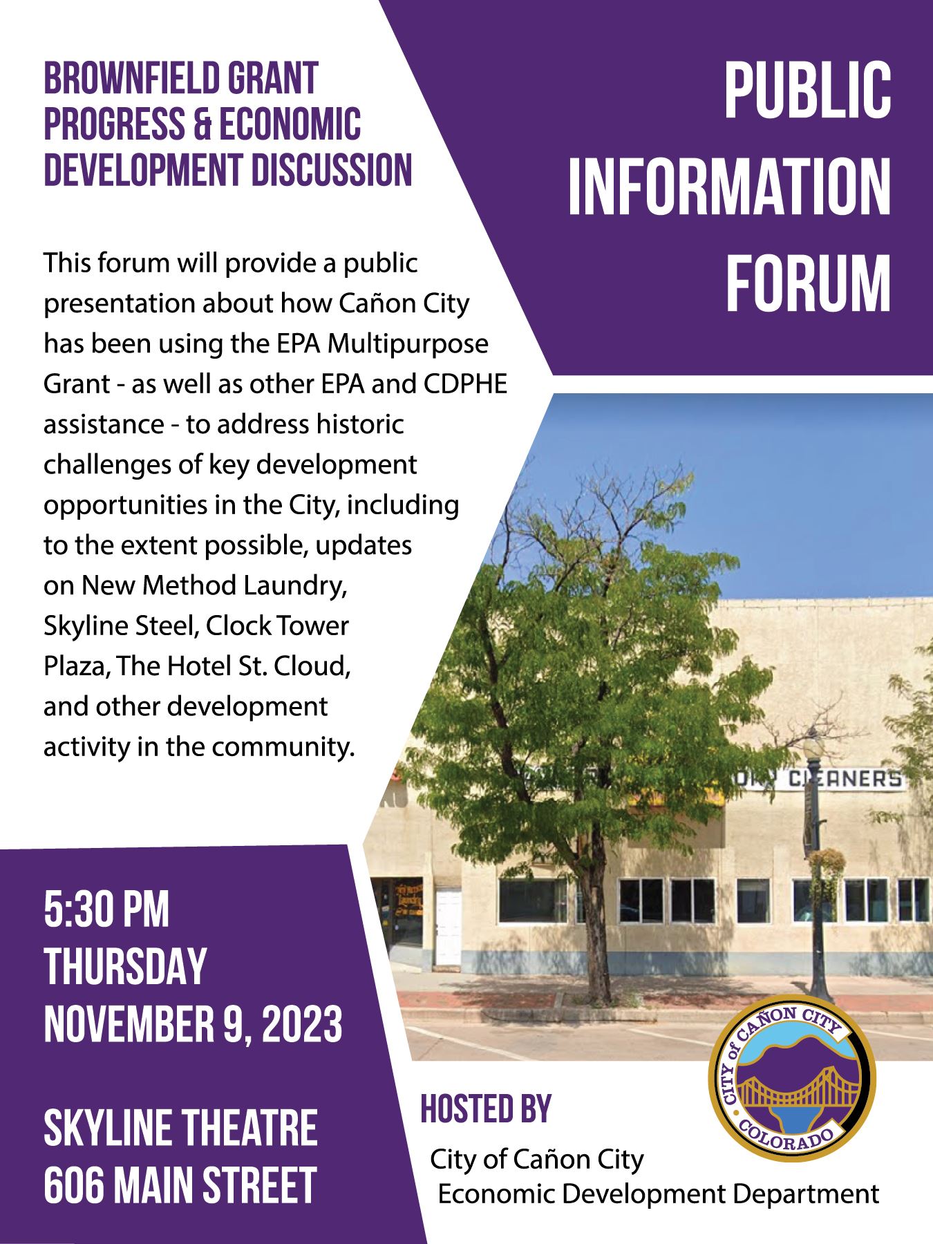 Flyer of event with photo of the New Method Laundry Building on Main Street.