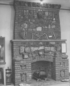 Black and white image of DeWeese fireplace in the Municipal Building of the Museum.