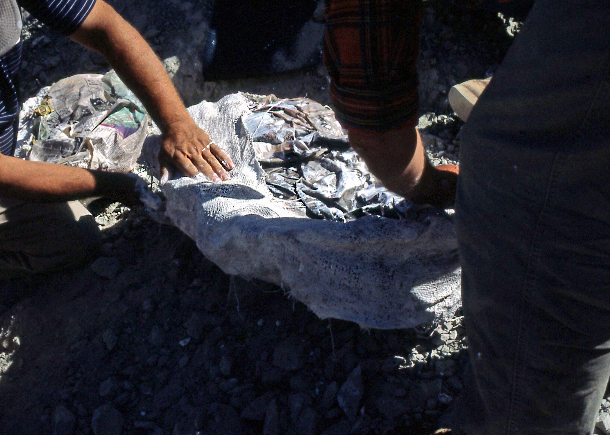 Color photo a person apply plaster cast to a dinosaur bone. Circa 1992.