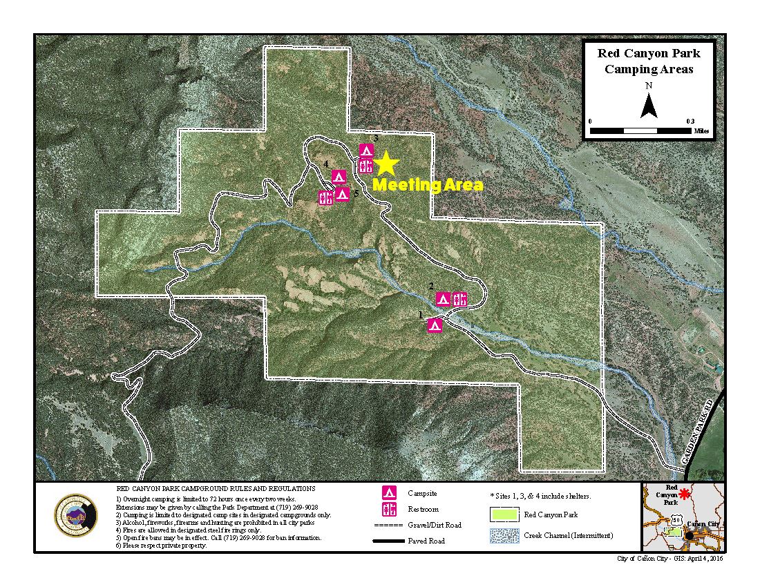 Topographic Map of Red Canyon Park with trails and roads outlined and meeting spot marked with star