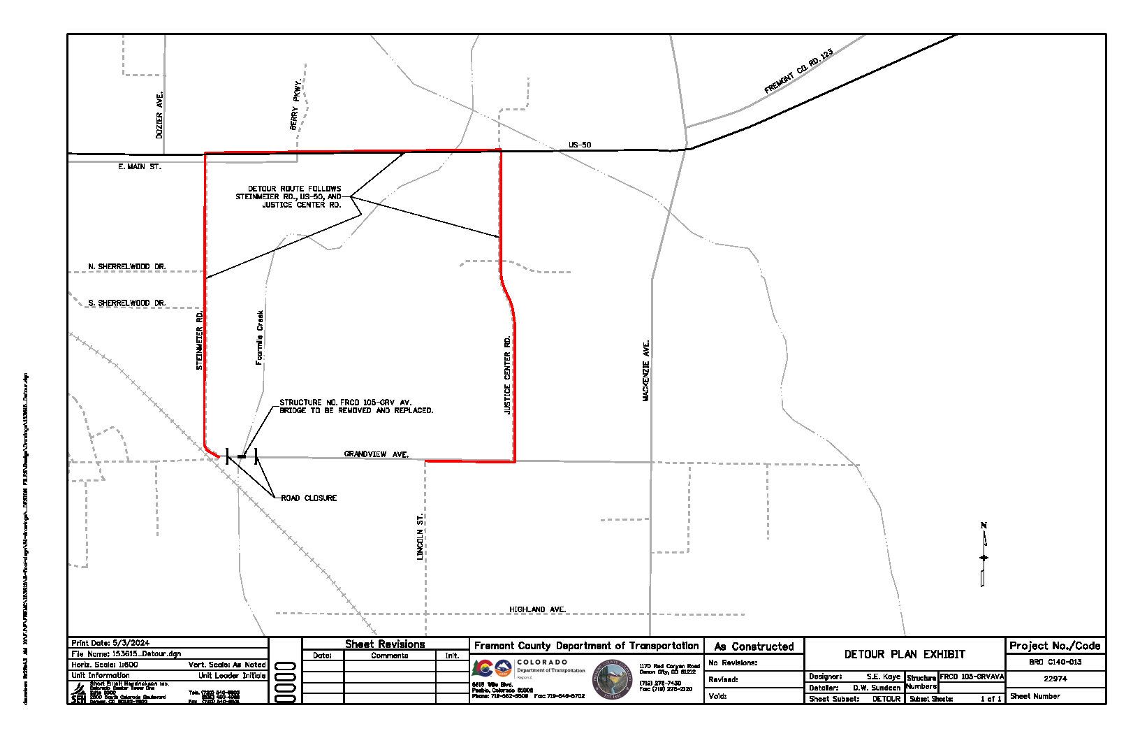 Map of the detour area around the bridge project outlined in red